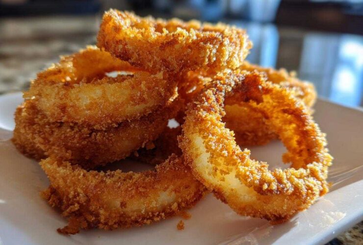 A close-up shot of a pile of golden brown, crispy Air Fryer Onion Rings served on a white rectangular plate.