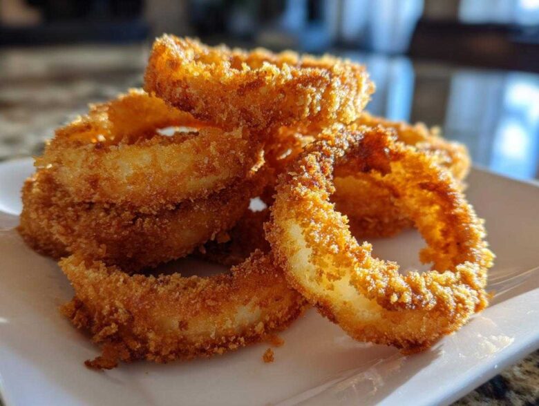 A close-up shot of a pile of golden brown, crispy Air Fryer Onion Rings served on a white rectangular plate.