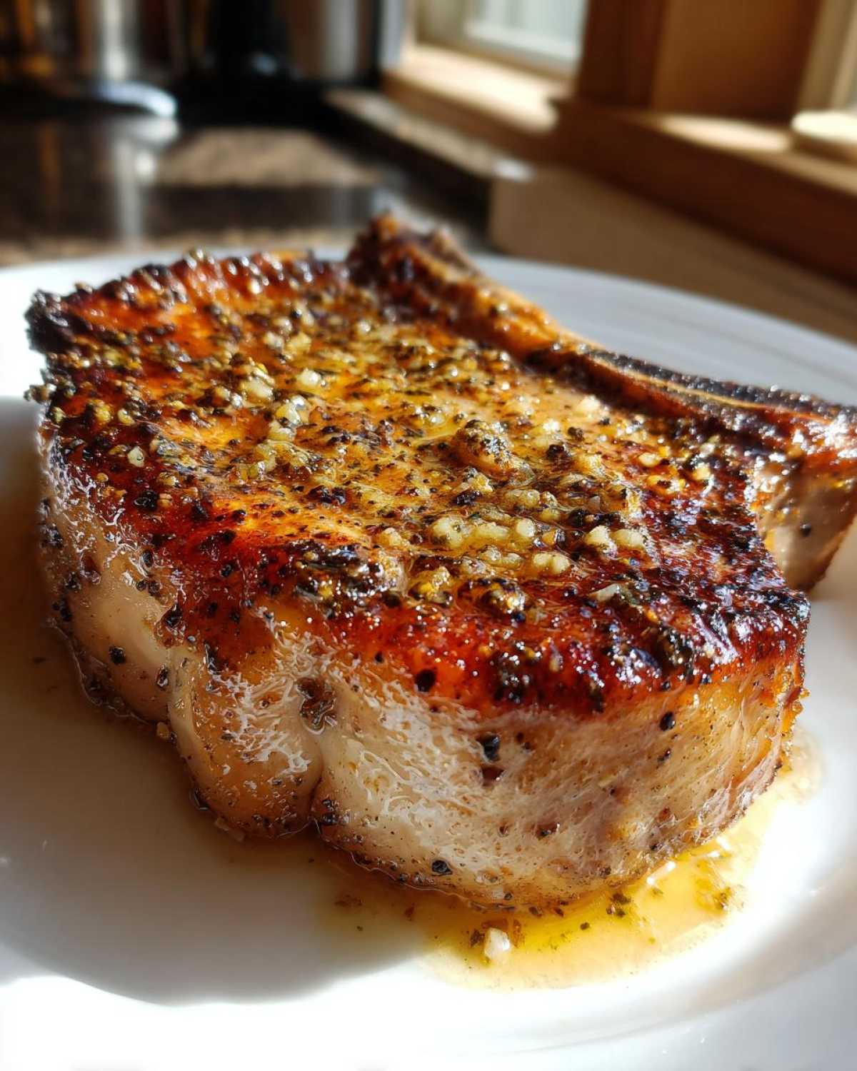 Close-up of a thick, juicy Crispy Air Fryer Pork Chop topped with melted garlic butter and pepper.