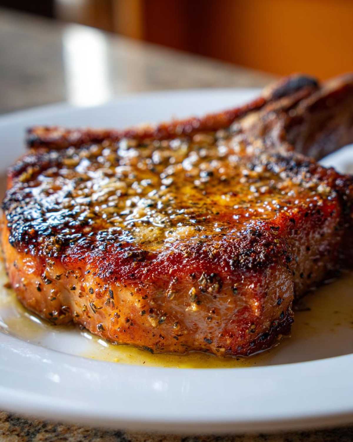 Close-up of a thick, bone-in Crispy Air Fryer Pork Chop glistening with garlic butter.