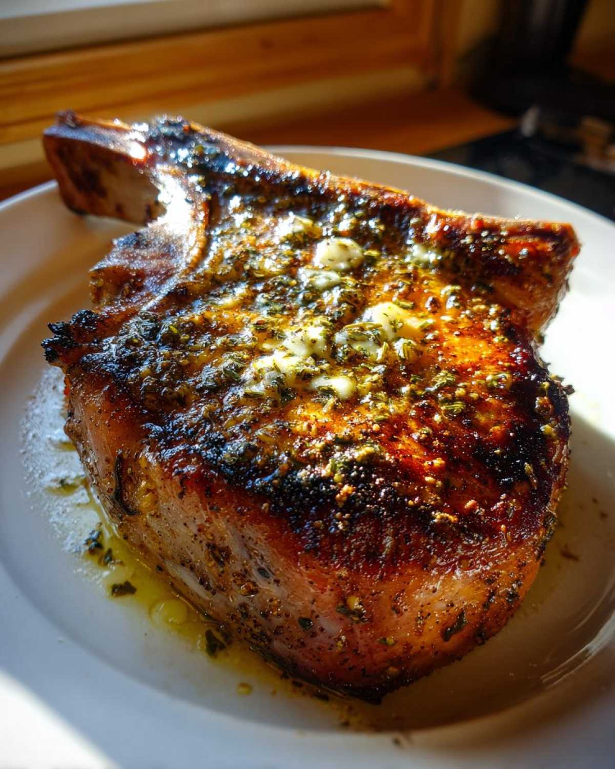 Close-up of a thick, bone-in pork chop, perfectly cooked and topped with melting garlic butter and herbs, showing off its crispy exterior.