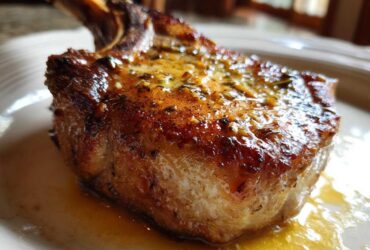 Close-up of a thick, bone-in Crispy Air Fryer Pork Chop glistening with garlic butter sauce.