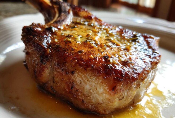 Close-up of a thick, bone-in Crispy Air Fryer Pork Chop glistening with garlic butter sauce.