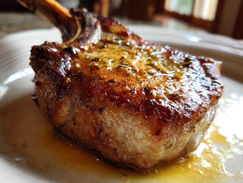 Close-up of a thick, bone-in Crispy Air Fryer Pork Chop glistening with garlic butter sauce.