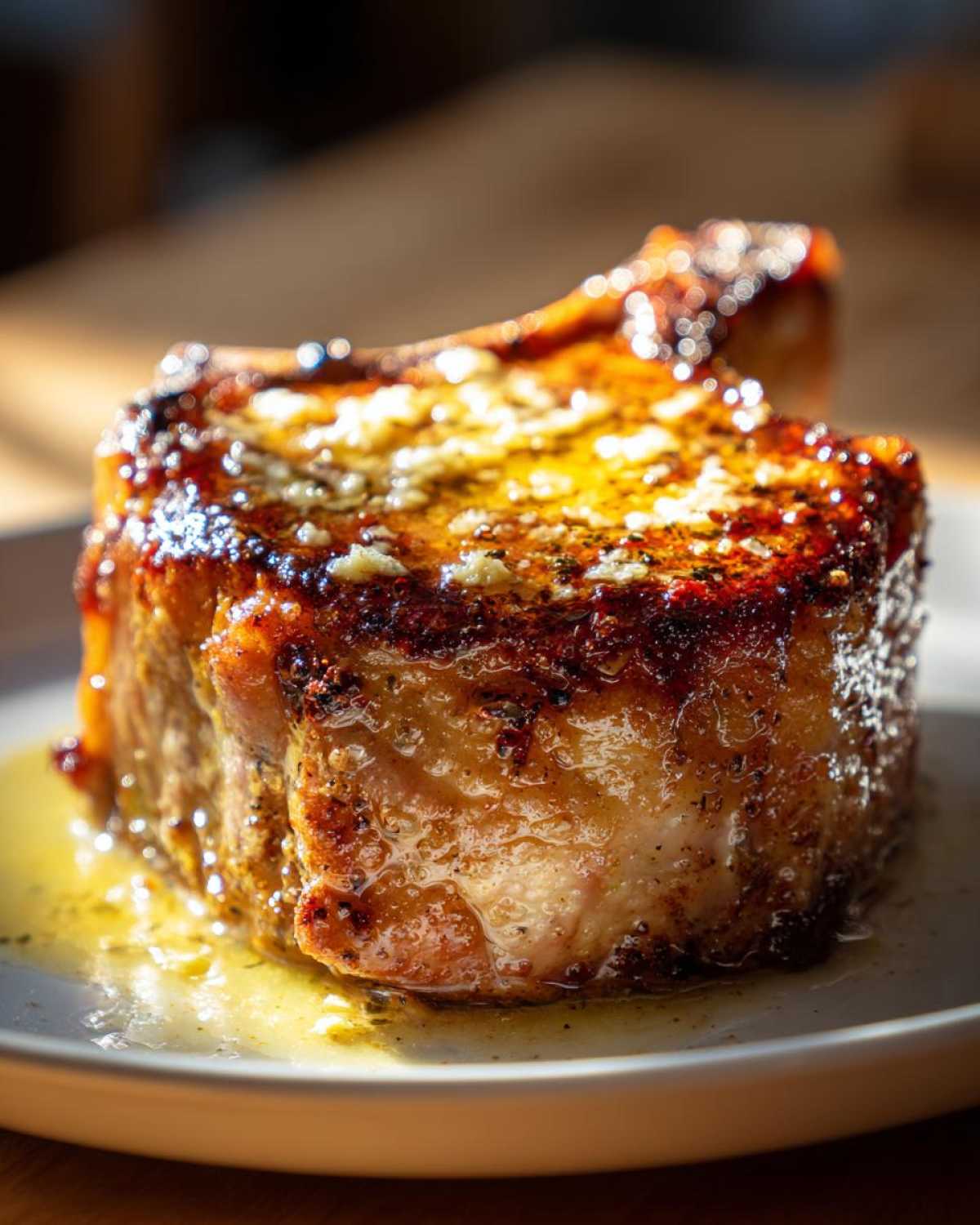 Close-up of a thick, juicy Crispy Air Fryer Pork Chop topped with melted garlic butter.
