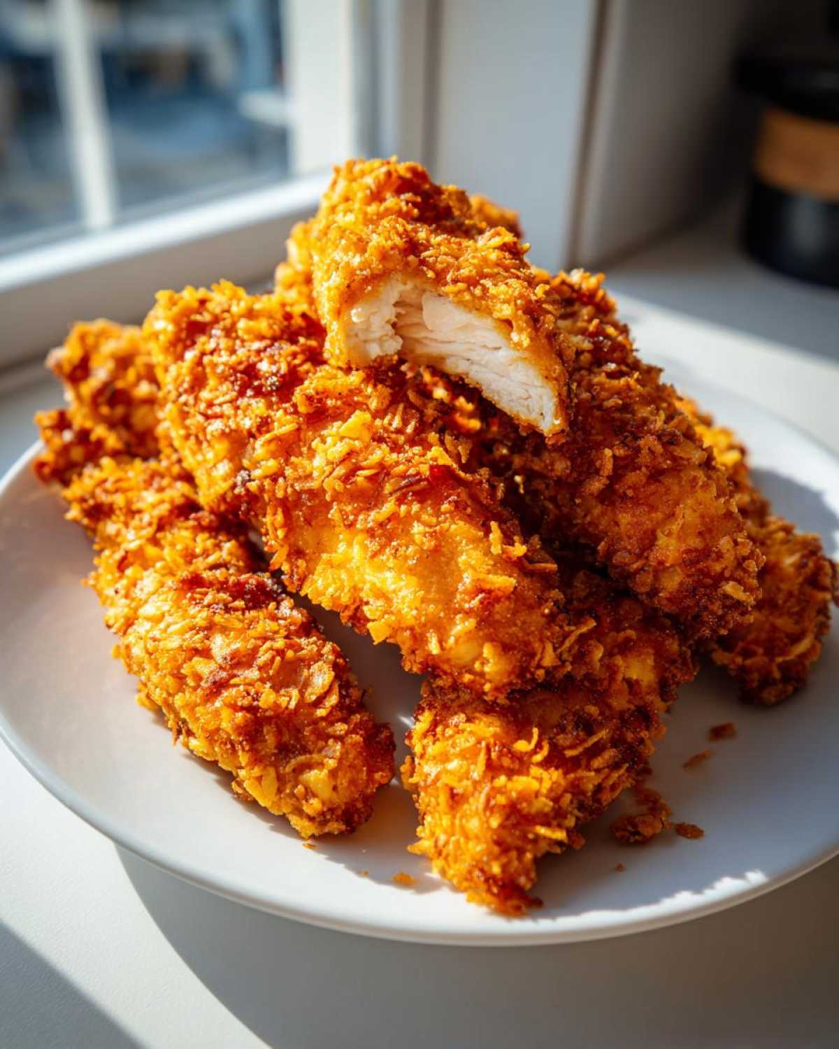 A pile of golden brown Crispy Baked Chicken Tenders with Cornflake Crust, one piece broken open showing white chicken meat.