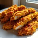 Golden brown Crispy Baked Chicken Tenders with Cornflake Crust piled on a white plate, one piece is cut open.
