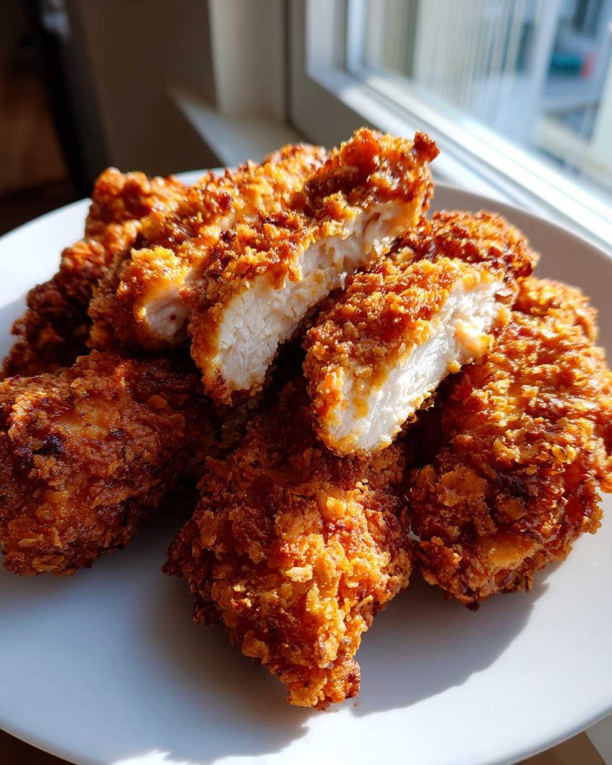 A pile of golden brown Crispy Baked Chicken Tenders with Cornflake Crust, one cut open showing juicy white meat.