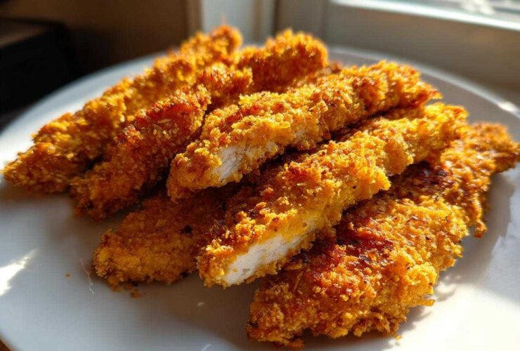 Golden brown Crispy Baked Chicken Tenders with Cornflake Crust piled on a white plate, one piece is cut open.