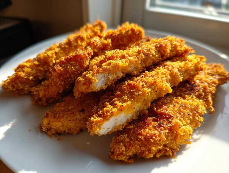 Golden brown Crispy Baked Chicken Tenders with Cornflake Crust piled on a white plate, one piece is cut open.