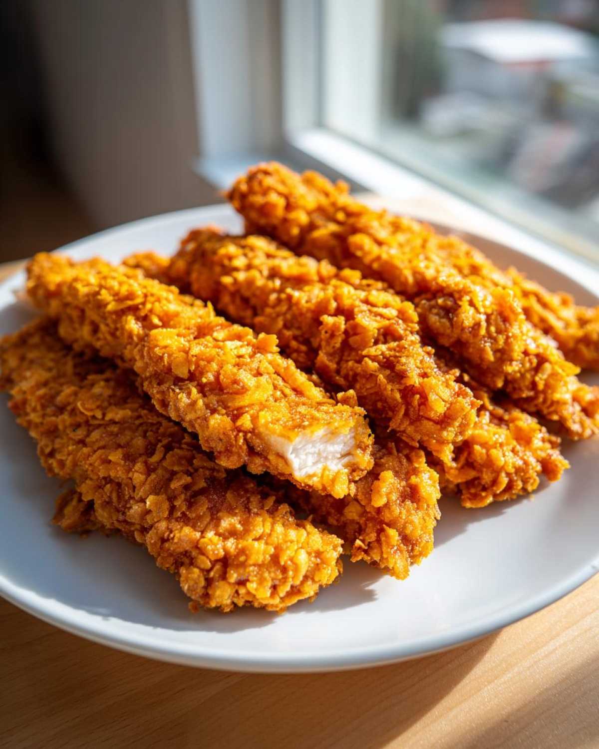 A plate piled high with golden brown, crispy baked chicken tenders with cornflake crust, one piece is broken open showing white meat.