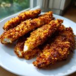 A close-up of golden brown Crispy Baked Chicken Tenders with Cornflake Crust piled on a white plate.