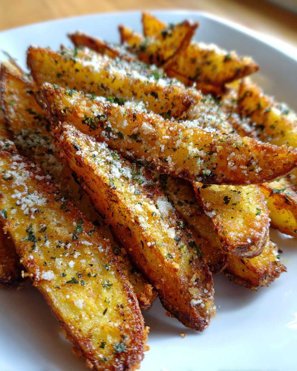 A close-up of golden brown, crispy baked garlic parmesan potato wedges topped with grated cheese and parsley.