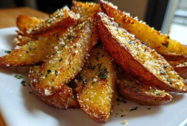 Close-up of golden brown Crispy Baked Garlic Parmesan Potato Wedges topped with grated cheese and parsley.