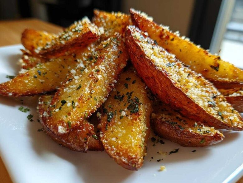 Close-up of golden brown Crispy Baked Garlic Parmesan Potato Wedges topped with grated cheese and parsley.