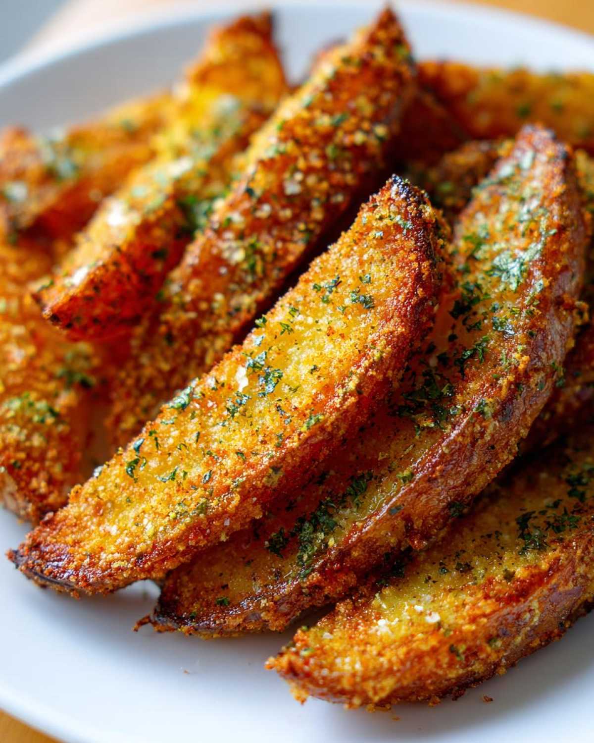 A close-up shot of golden brown Crispy Baked Garlic Parmesan Potato Wedges piled on a white plate.