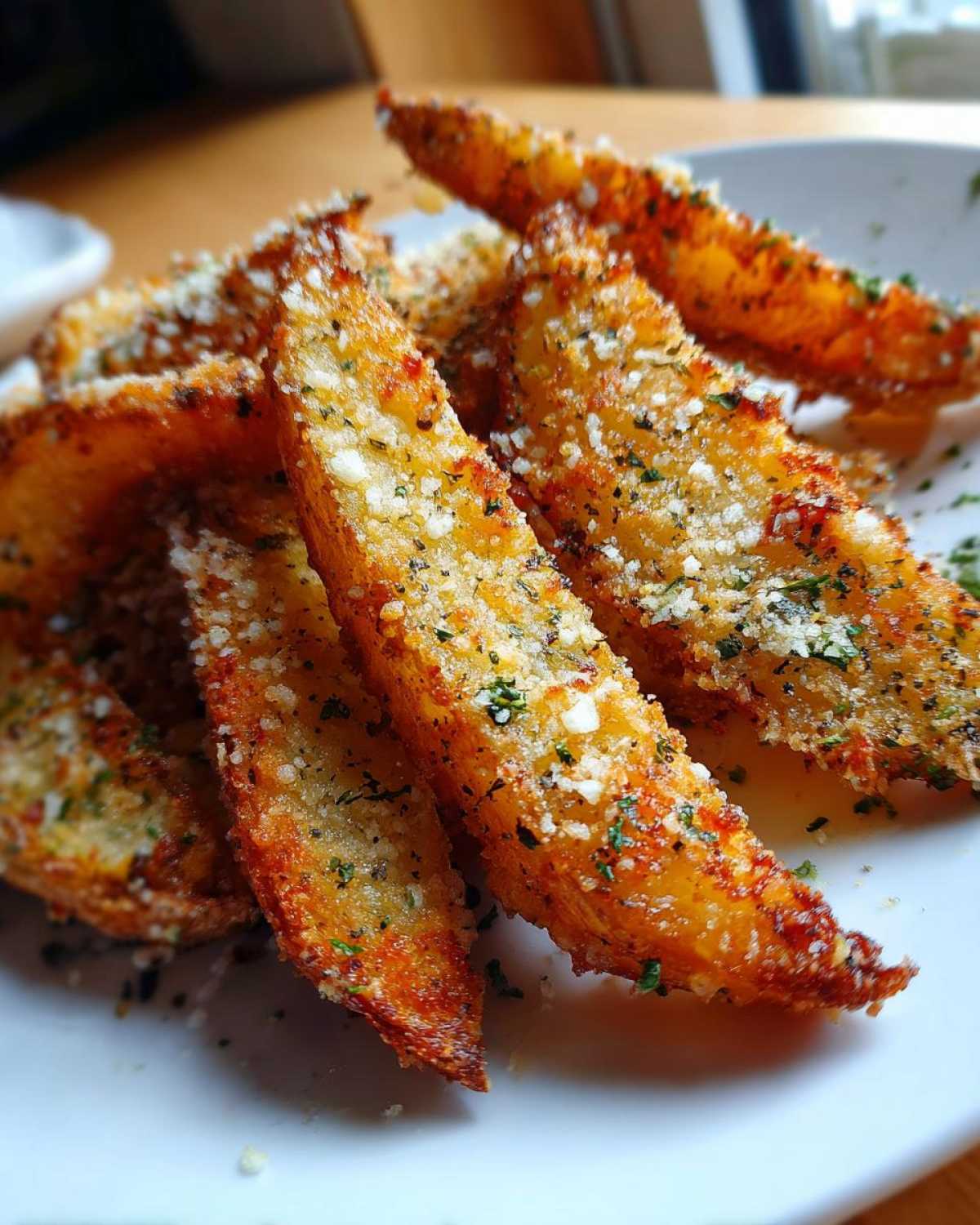 Close-up of golden brown Crispy Baked Garlic Parmesan Potato Wedges sprinkled with grated cheese and herbs.