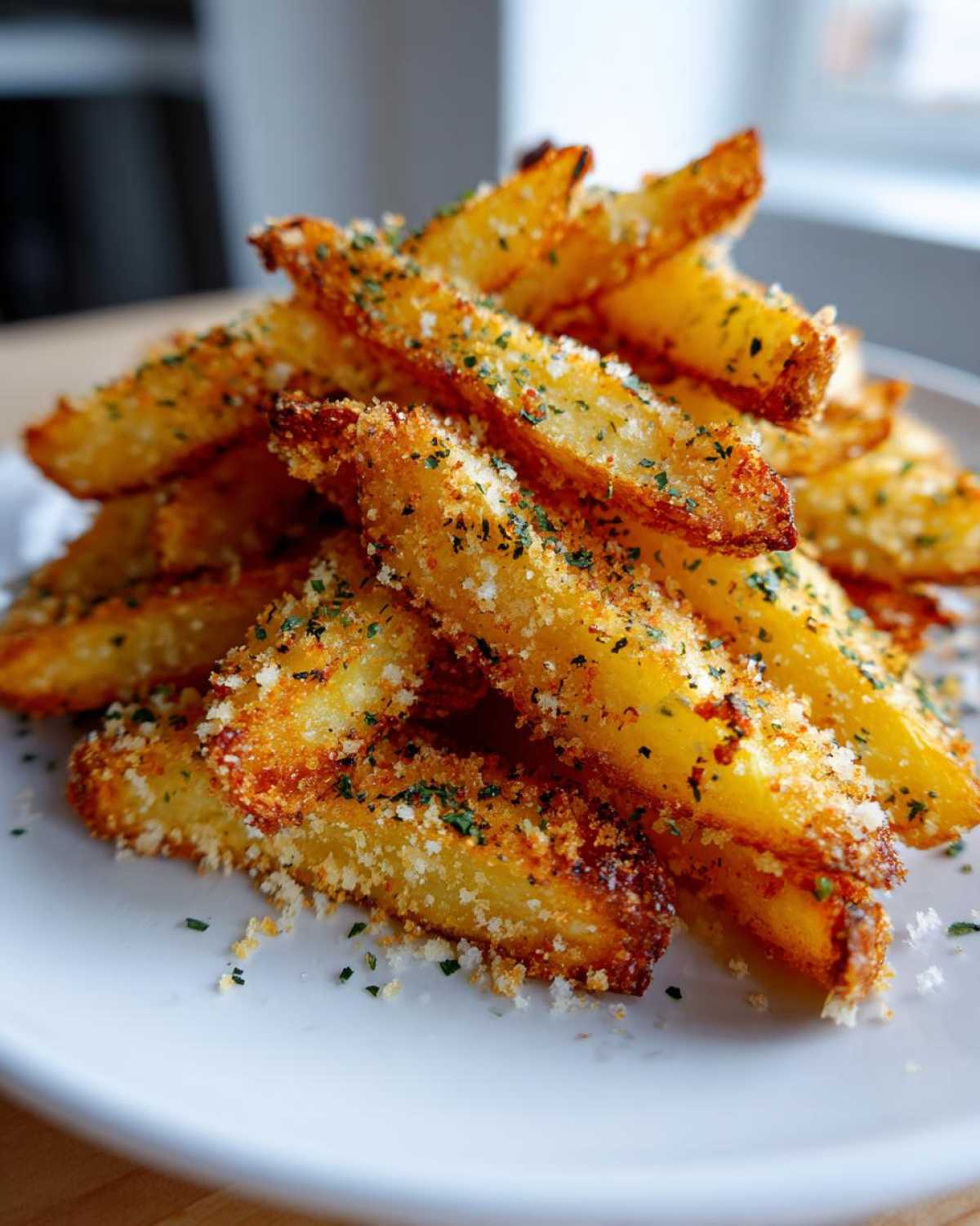 A close-up of golden brown Crispy Baked Garlic Parmesan Potato Wedges piled high on a white plate.