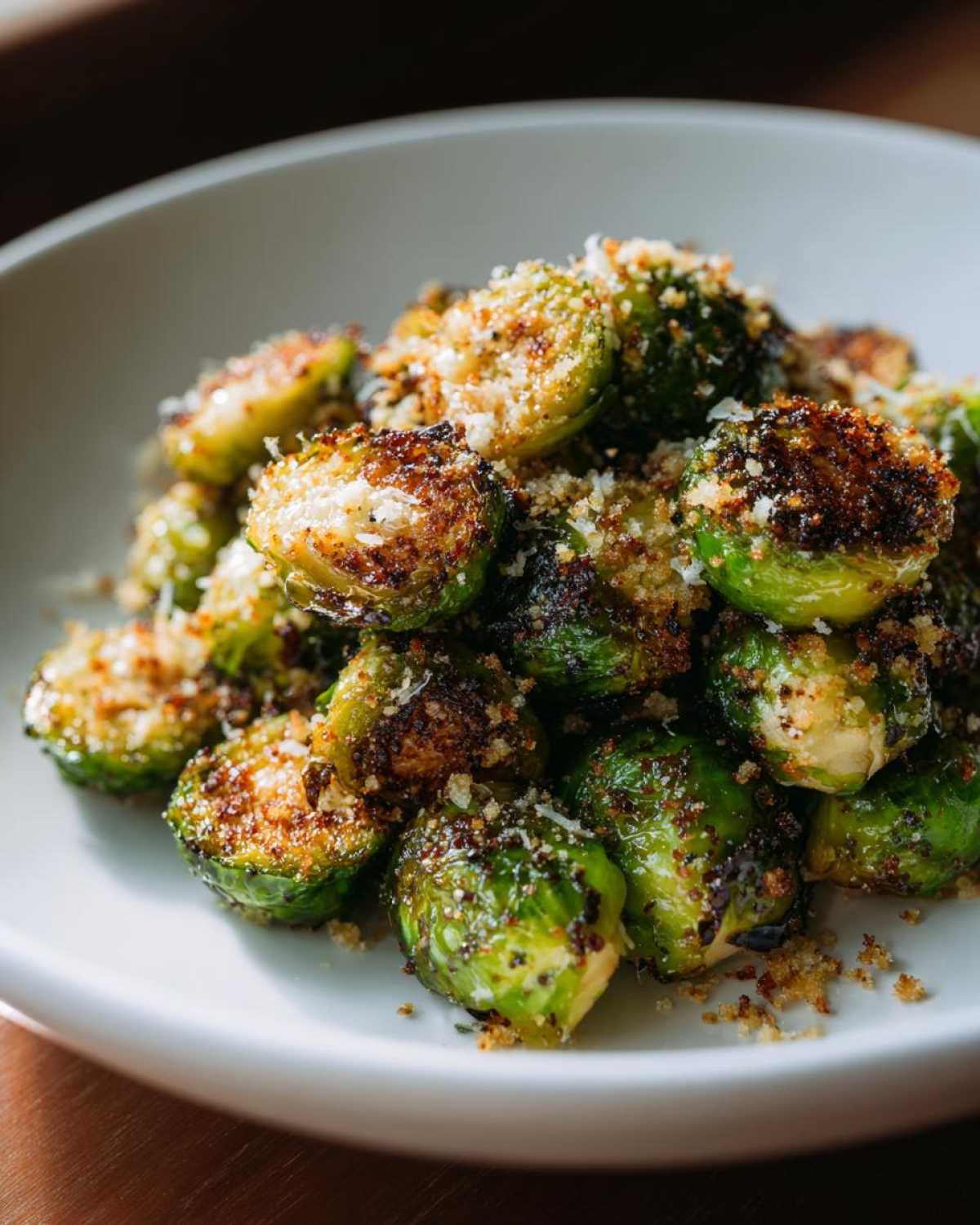 Close-up of perfectly roasted Crispy Parmesan Brussels Sprouts piled high in a white serving bowl.