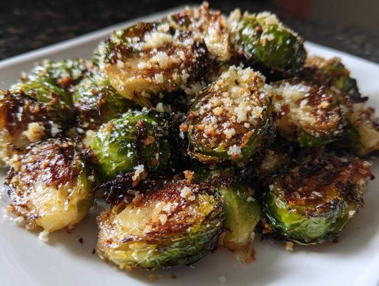 Close-up of perfectly roasted Crispy Parmesan Brussels Sprouts topped with grated cheese on a white serving dish.
