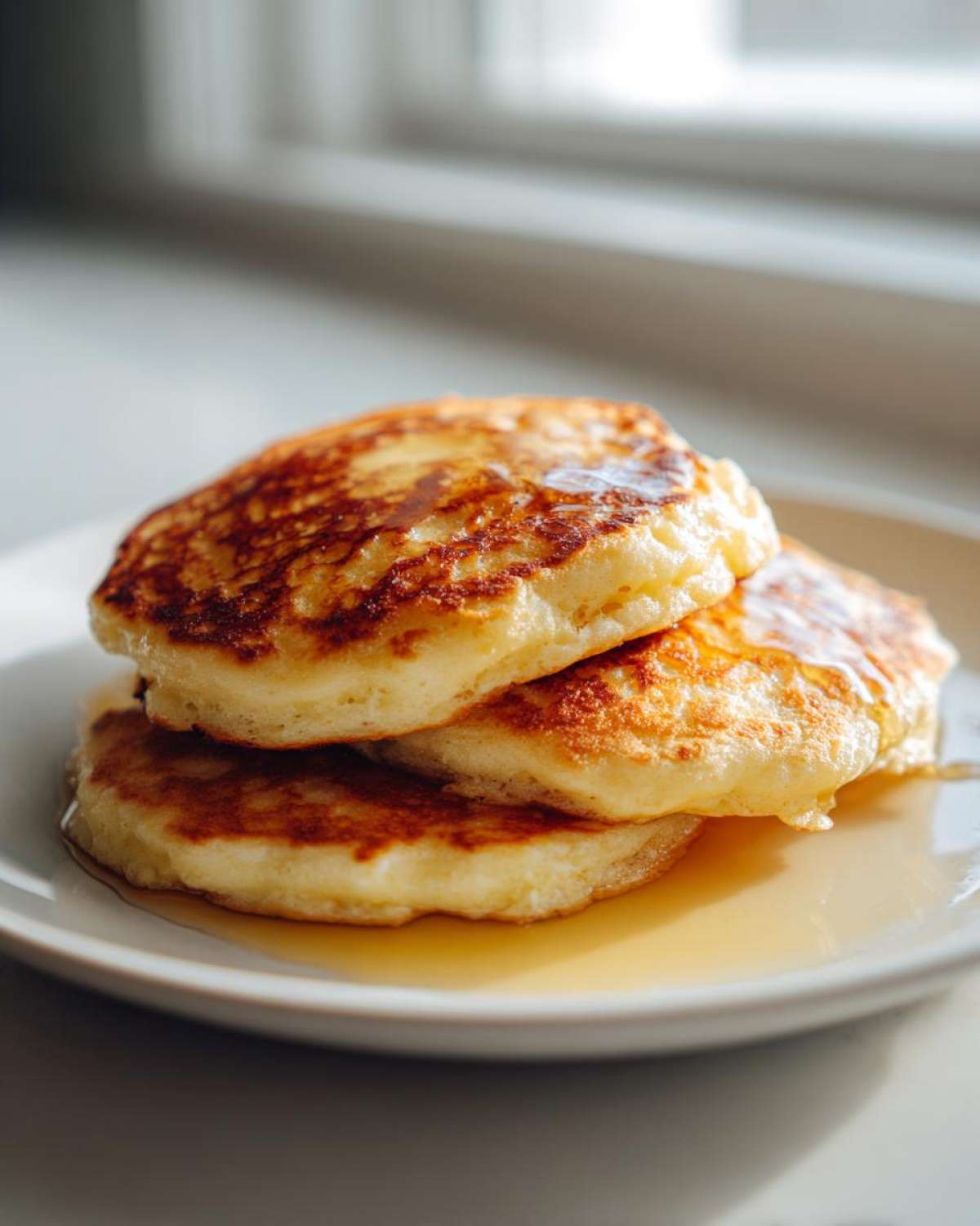 A stack of three fluffy Gluten-Free Buttermilk Pancakes drizzled with syrup on a white plate.