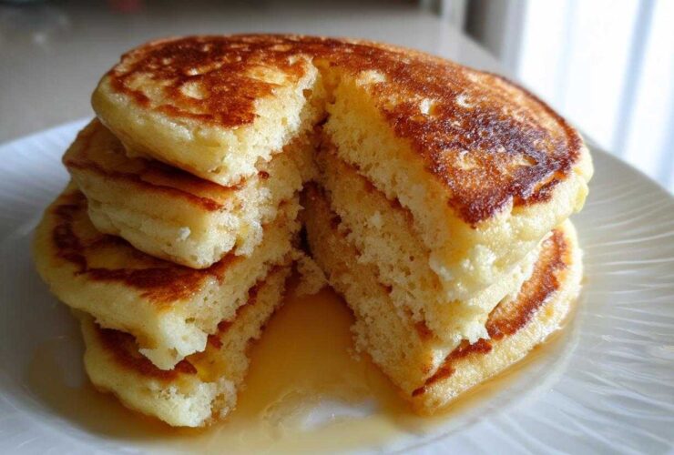 A stack of fluffy Gluten-Free Buttermilk Pancakes cut open to show the airy interior, drizzled with syrup.