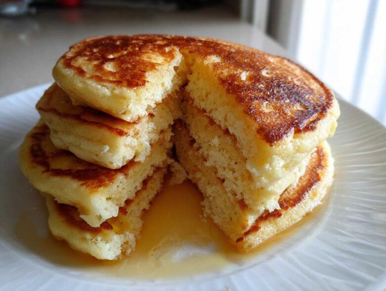 A stack of fluffy Gluten-Free Buttermilk Pancakes cut open to show the airy interior, drizzled with syrup.