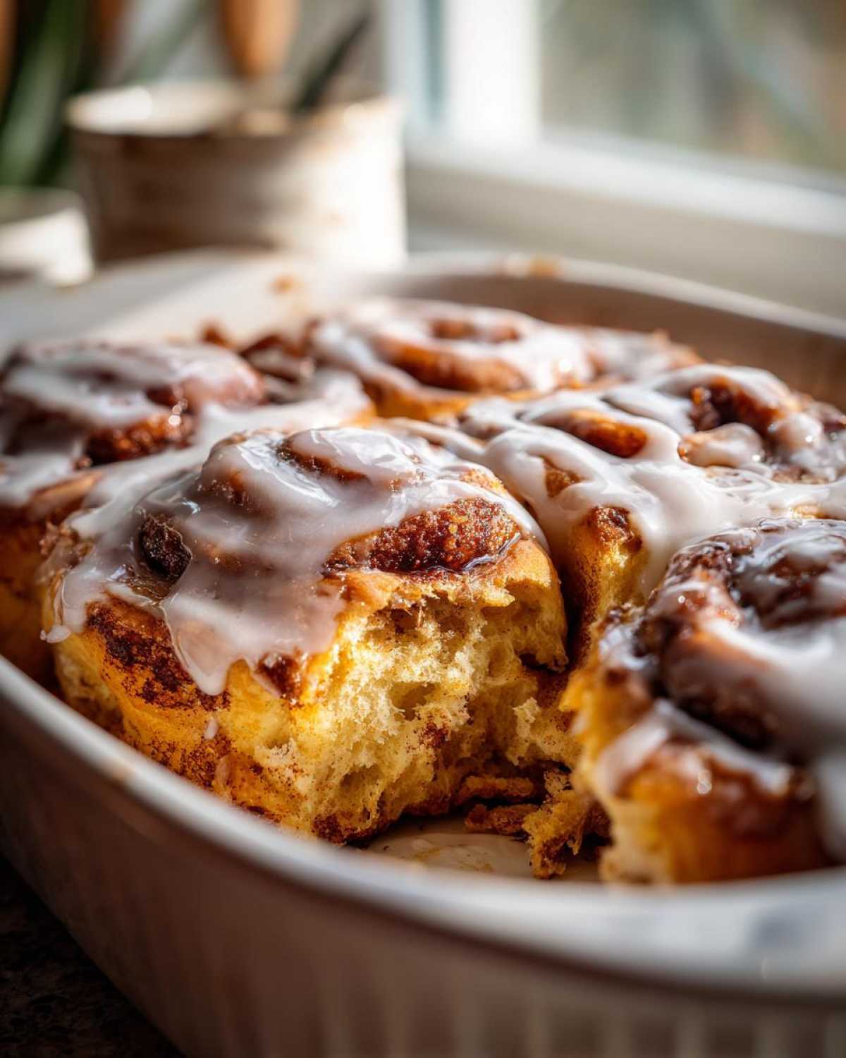 Close-up of fluffy Gluten-Free Cinnamon Rolls baked in a dish, drizzled with white icing, one roll has a bite taken out.