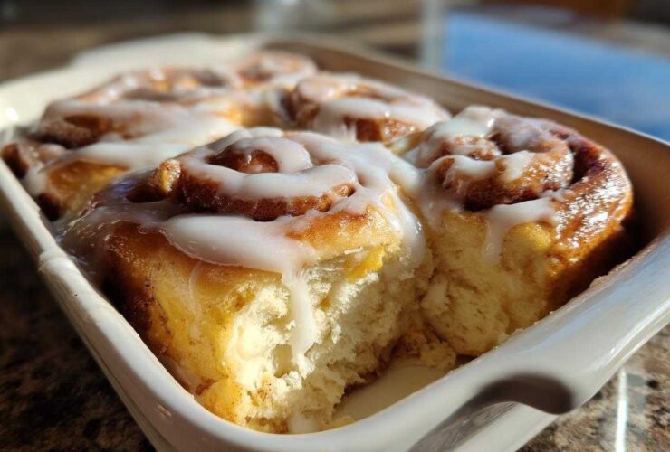Close-up of freshly baked, fluffy Gluten-Free Cinnamon Rolls covered in white icing in a white baking dish.