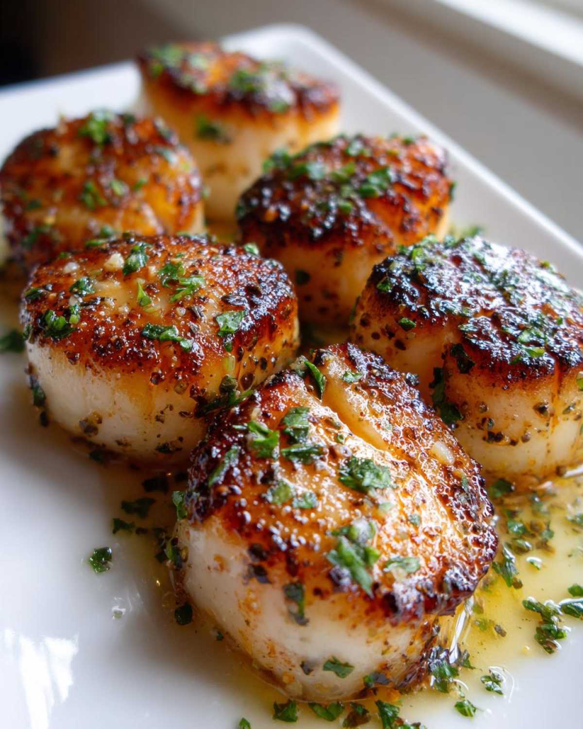 Close-up of seared Garlic Butter Scallops with Lemon, garnished with fresh parsley in butter sauce.