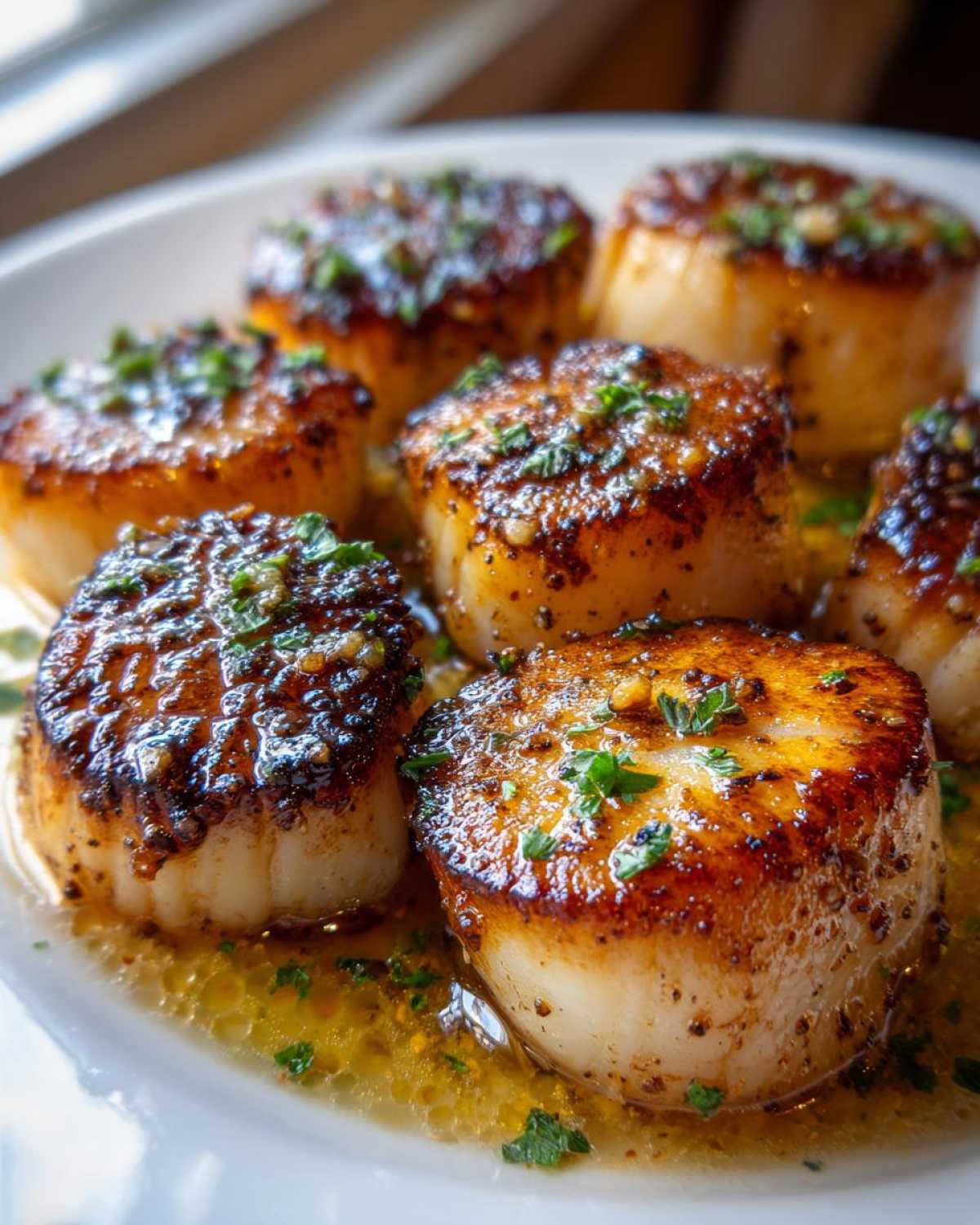 Close-up of seared Garlic Butter Scallops with Lemon, glistening in a buttery sauce and topped with parsley.