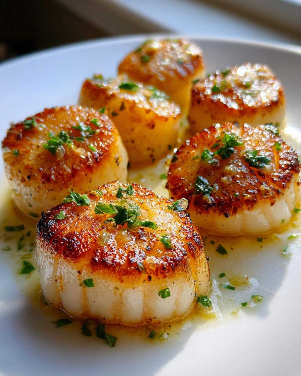 Close-up of perfectly seared Garlic Butter Scallops with Lemon, glistening in butter sauce and topped with parsley.