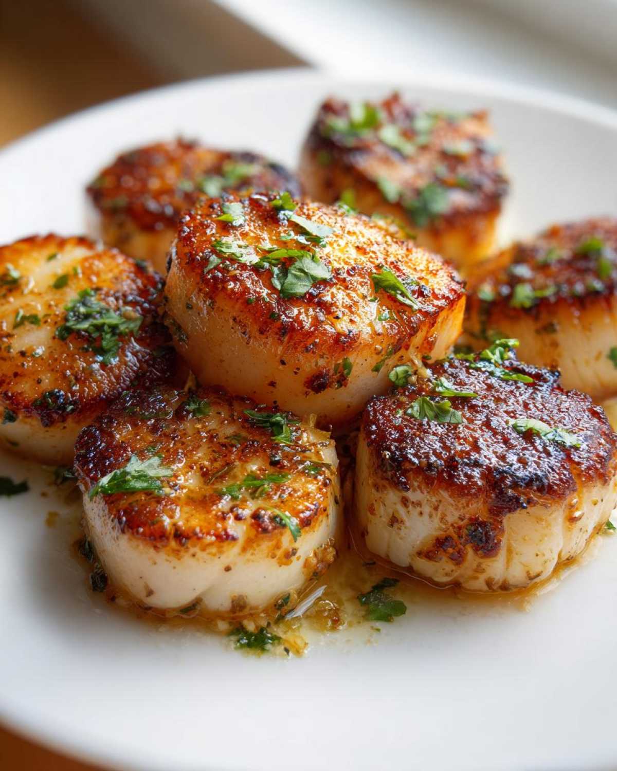 Close-up of seared Garlic Butter Scallops with Lemon, garnished with fresh parsley and sitting in butter sauce.