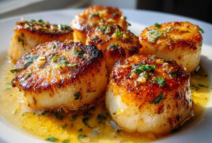 Close-up of perfectly seared Garlic Butter Scallops with Lemon sauce and fresh parsley.