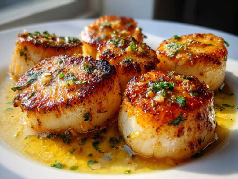 Close-up of perfectly seared Garlic Butter Scallops with Lemon sauce and fresh parsley.
