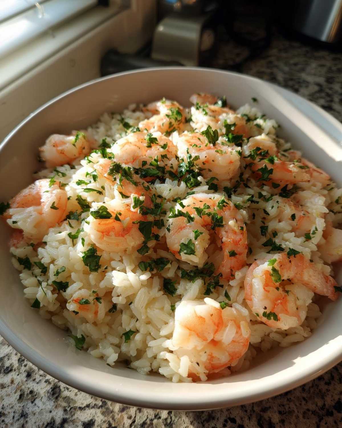 Close-up of Garlic Butter Shrimp and Rice Skillet topped with fresh parsley in a white bowl.
