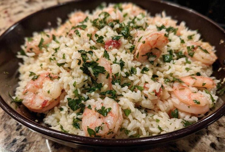 Close-up of Garlic Butter Shrimp and Rice Skillet topped with fresh parsley in a dark bowl.