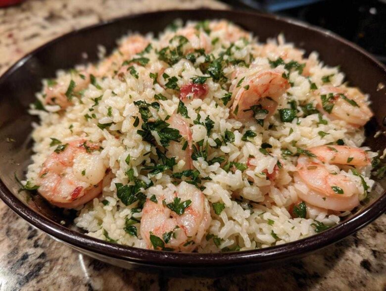 Close-up of Garlic Butter Shrimp and Rice Skillet topped with fresh parsley in a dark bowl.