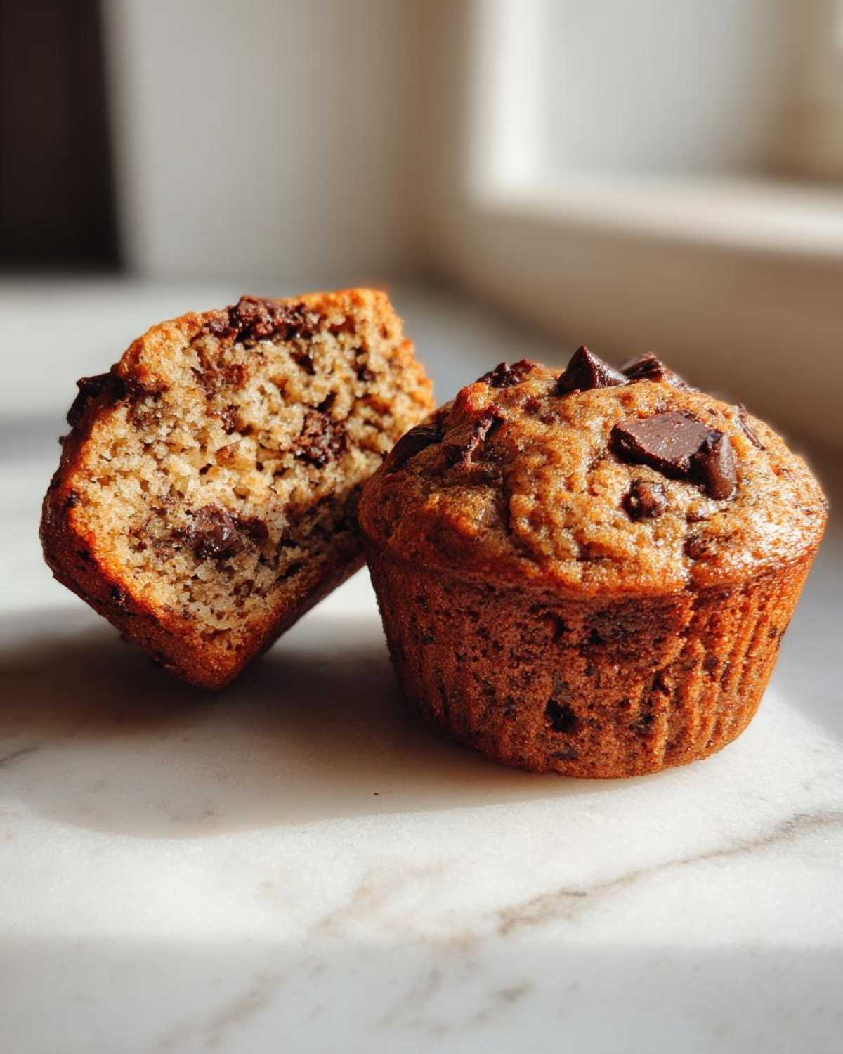 A whole Gluten-Free Banana Chocolate Chip Muffin next to one cut in half, showing moist interior and chocolate chips.