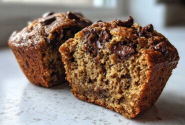 Close-up of a Gluten-Free Banana Chocolate Chip Muffin cut in half showing moist texture and melted chocolate chips.