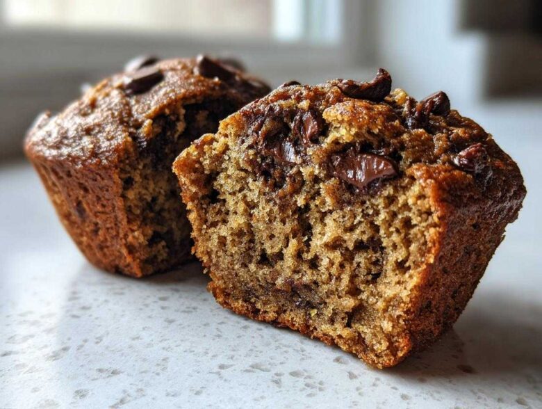 Close-up of a Gluten-Free Banana Chocolate Chip Muffin cut in half showing moist texture and melted chocolate chips.