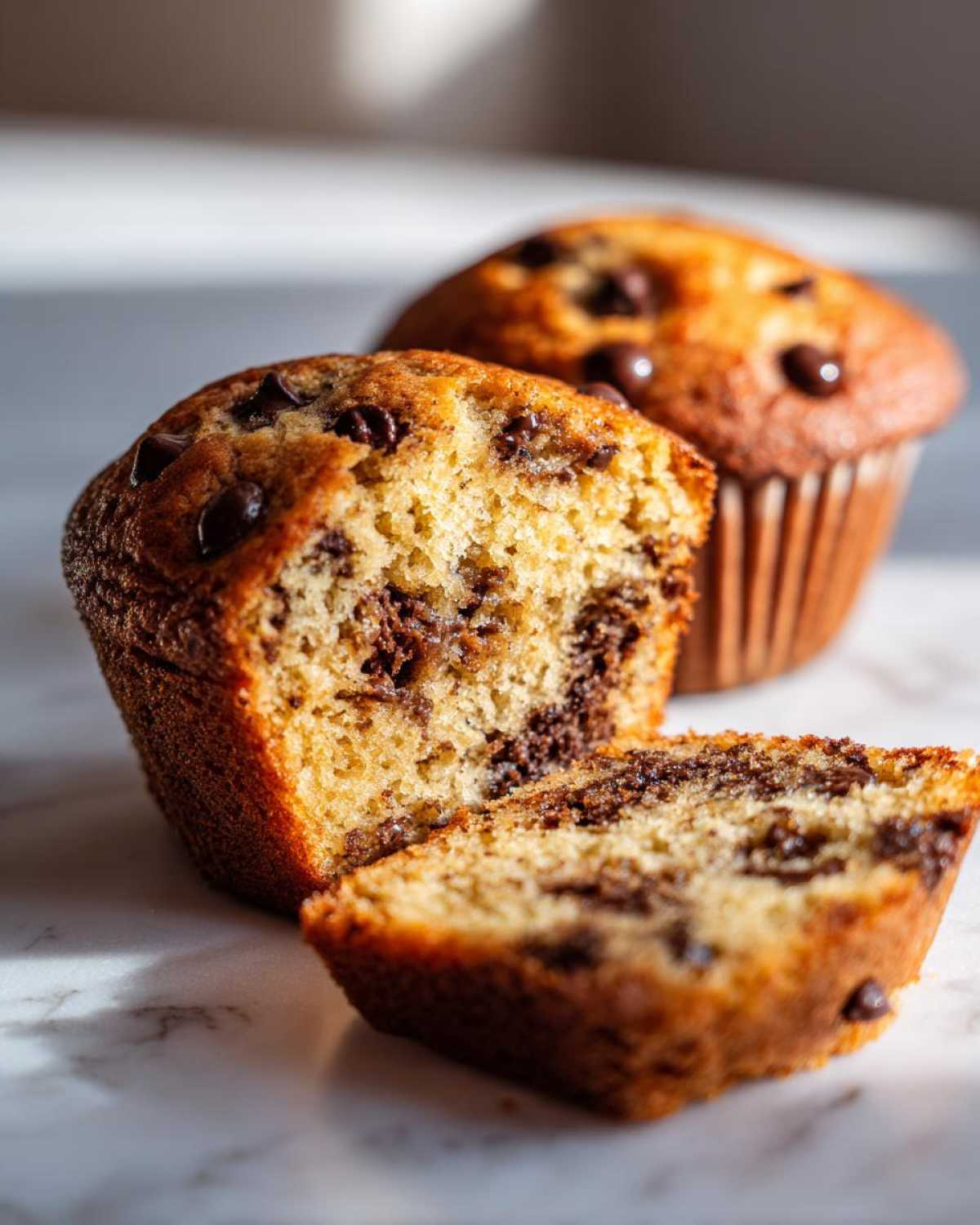 Close-up of a Gluten-Free Banana Chocolate Chip Muffin cut in half, showing moist texture and melted chocolate chips.