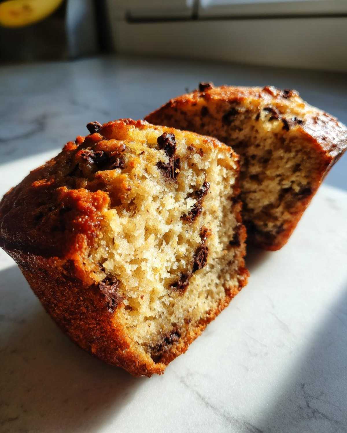 Close-up of a Gluten-Free Banana Chocolate Chip Muffin cut in half, showing a moist crumb and chocolate chips.