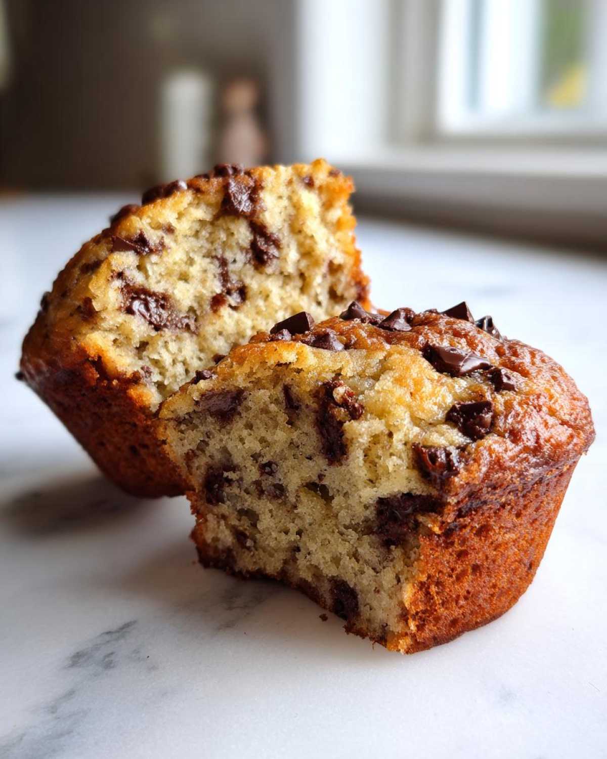 Close-up of a Gluten-Free Banana Chocolate Chip Muffin cut in half, showing moist crumb and melted chocolate chips.