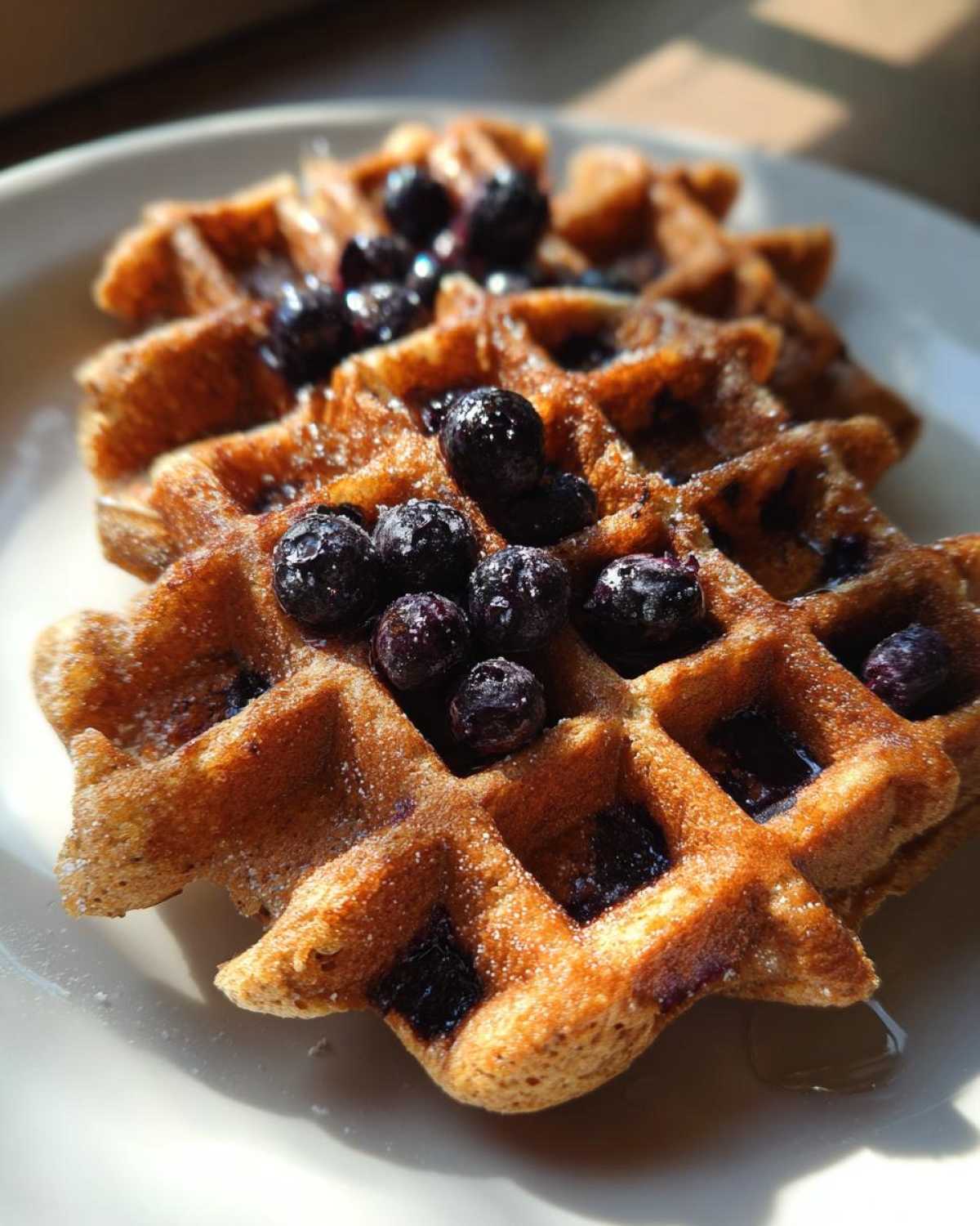 Close-up of golden brown Gluten-Free Blueberry Waffles topped with fresh blueberries and a drizzle of syrup.