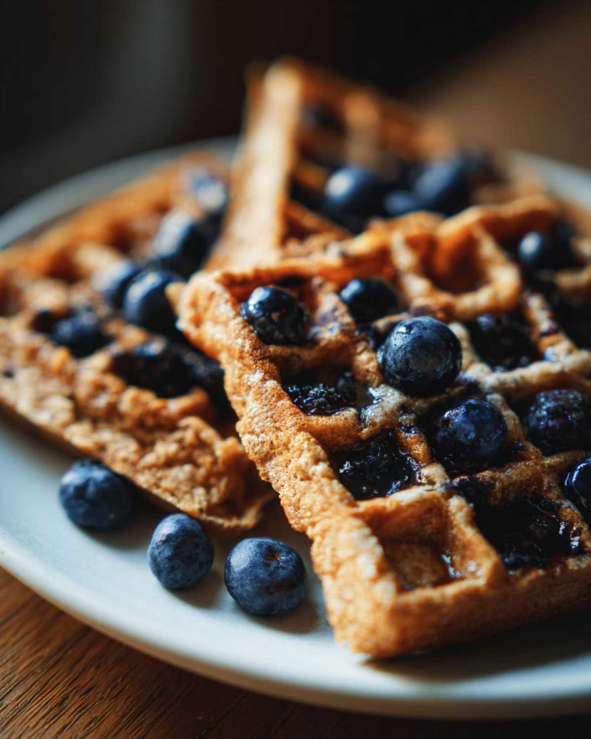 Close-up of golden brown Gluten-Free Blueberry Waffles topped with fresh blueberries on a light plate.