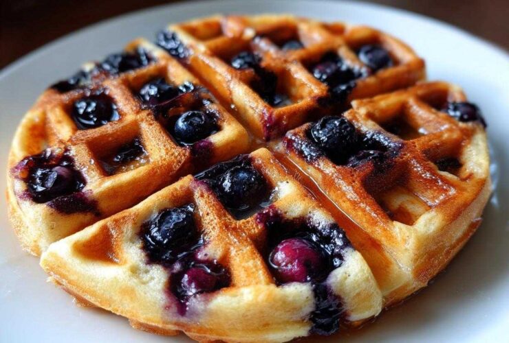 Close-up of a golden, round Gluten-Free Blueberry Waffles topped with fresh blueberries and syrup on a white plate.