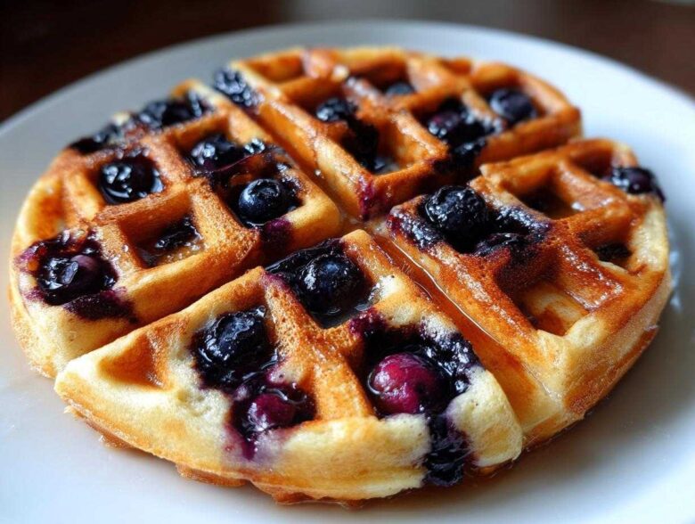 Close-up of a golden, round Gluten-Free Blueberry Waffles topped with fresh blueberries and syrup on a white plate.