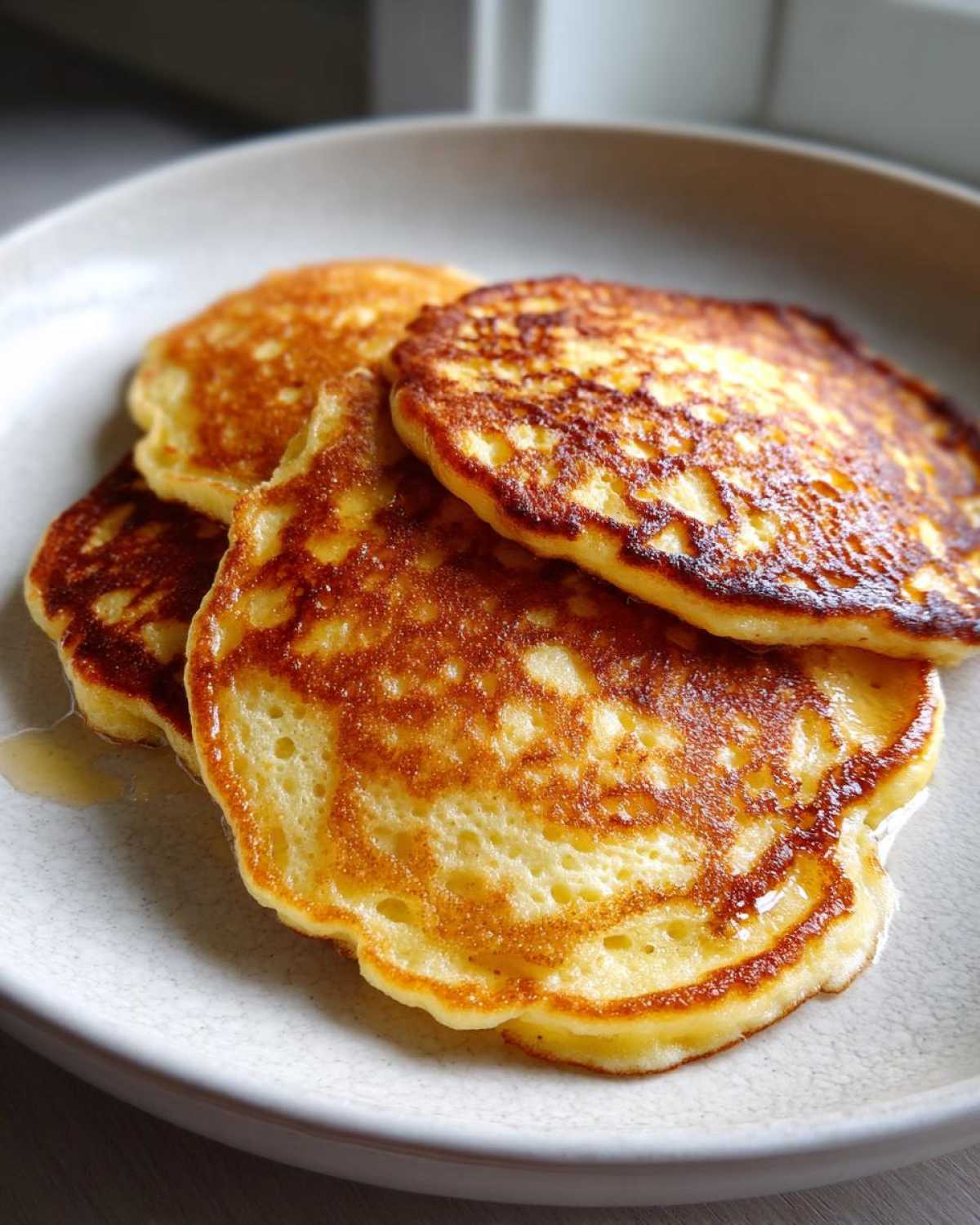A stack of four golden-brown Gluten-Free Buttermilk Pancakes drizzled with syrup on a light plate.