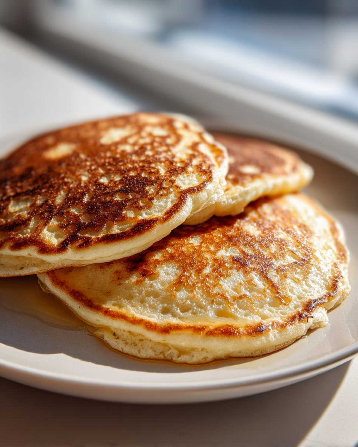 A stack of three golden-brown Gluten-Free Buttermilk Pancakes drizzled with syrup on a light plate.